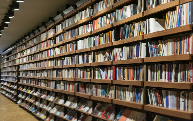 Music books lined up on shelves